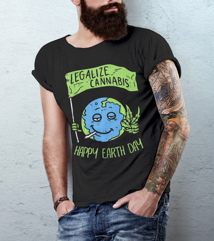 Legalize Cannabis Happy Earth Day Smoky Globe Holding Leaf T-Shirt