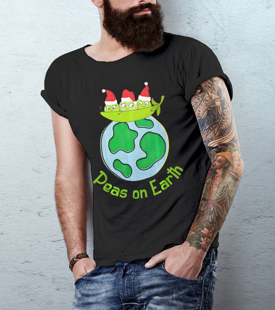 Christmas Peas On Earth With Santa Hat Vegetables On Globe T-Shirt
