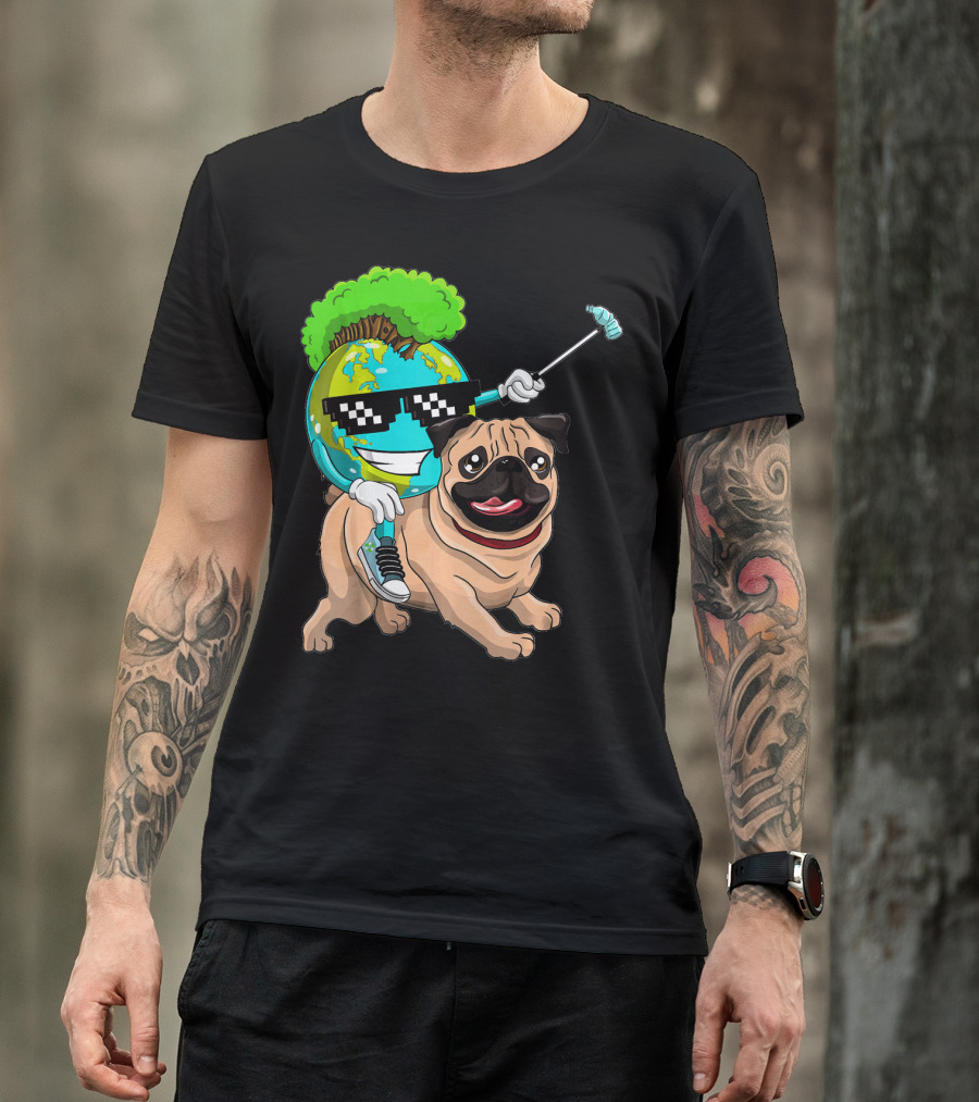 Earth Day Pug With Cool Recycling Globe And Sunglasses T-Shirt