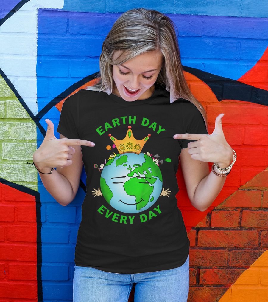 Earth Day Every Day Smiling Earth With Crown And Playful Elements T-Shirt