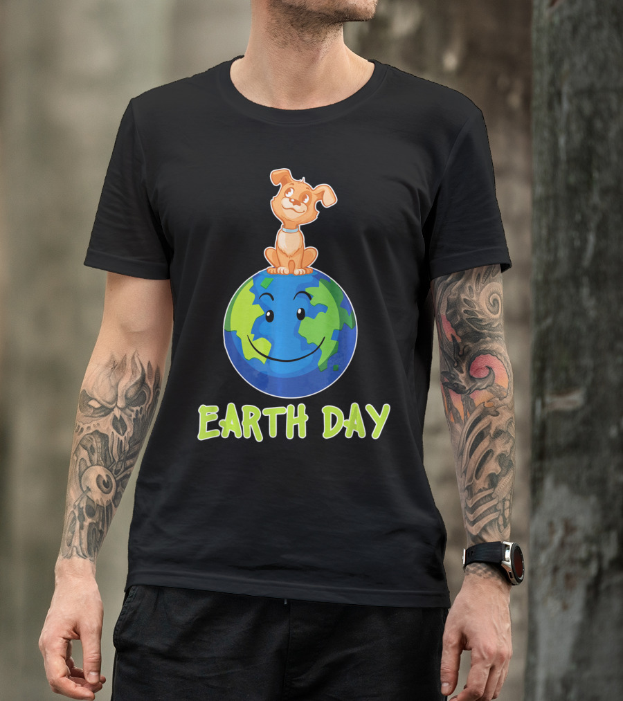 Earth Day Dog On Smiling Planet Earth T-Shirt