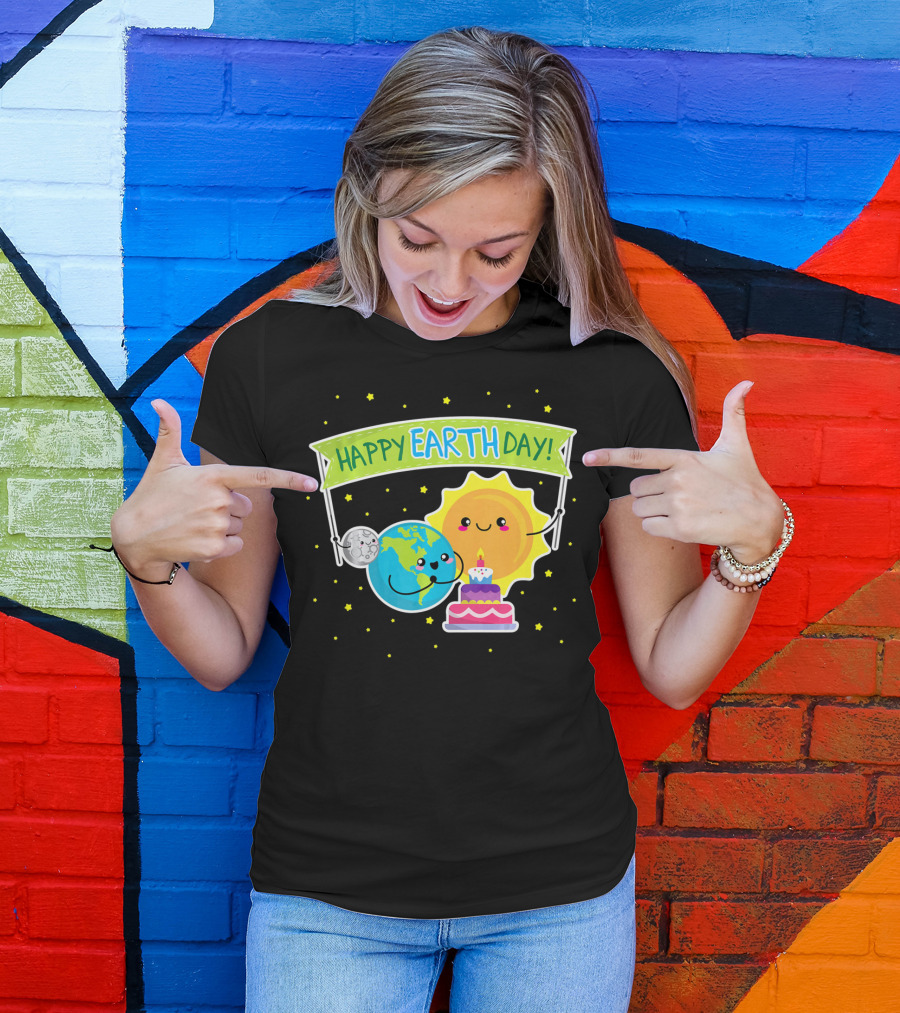 Happy Earth Day Cute Earth Sun Moon Cake T-Shirt