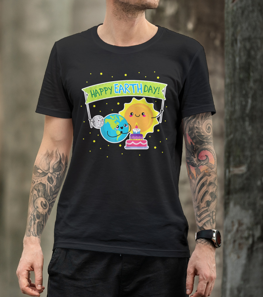 Happy Earth Day Cute Earth Sun Moon Cake T-Shirt