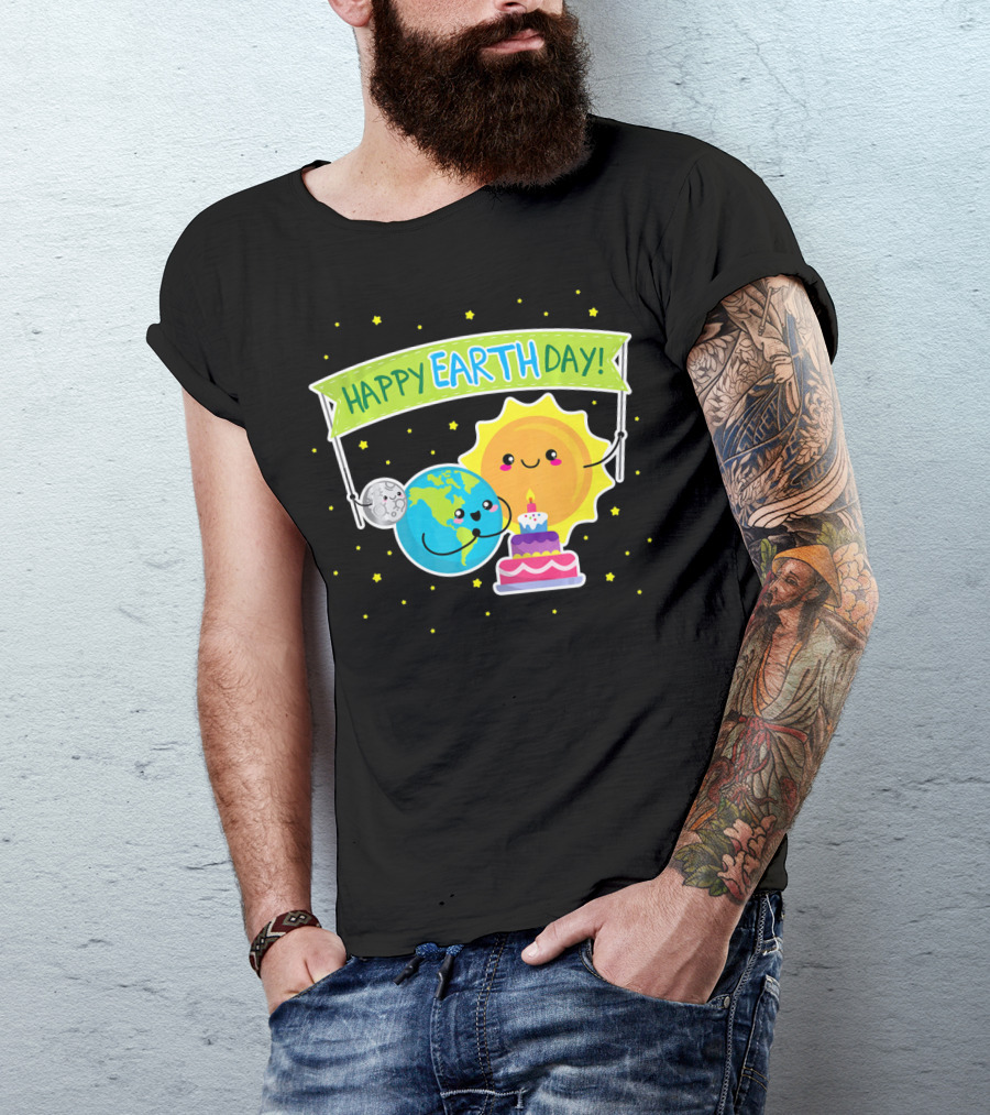 Happy Earth Day Cute Earth Sun Moon Cake T-Shirt