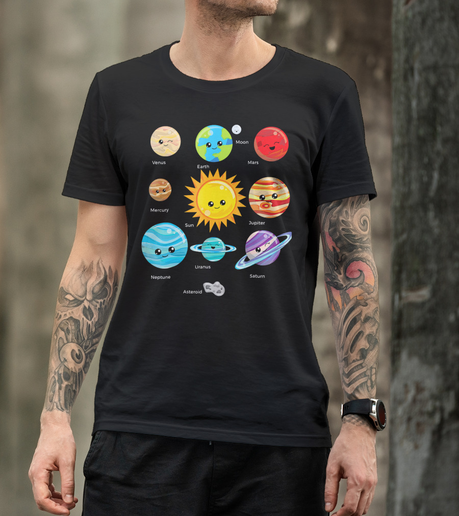 Solar System Planets Earth Moon Sun Venus Mars Mercury Jupiter Neptune Uranus Saturn Asteroid Cartoon T-Shirt