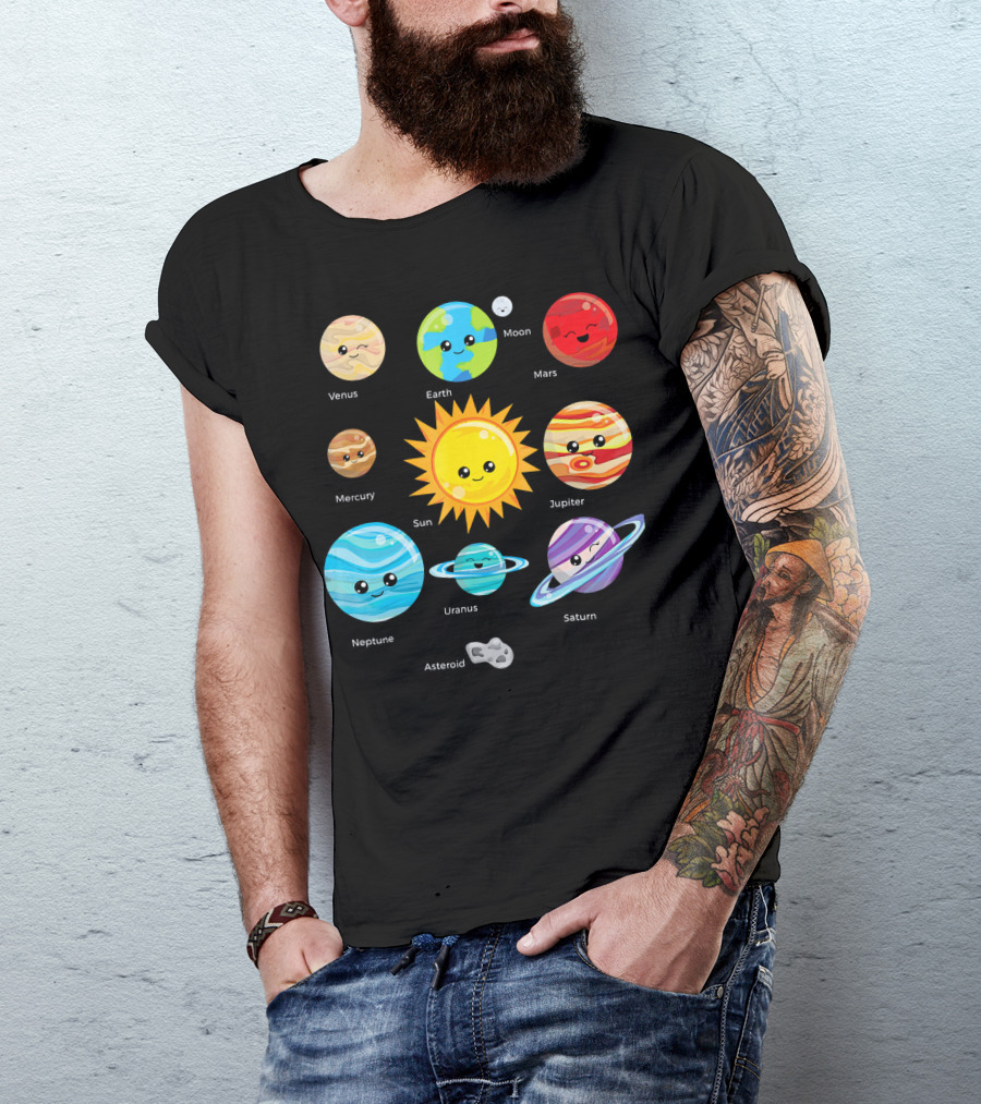 Solar System Planets Earth Moon Sun Venus Mars Mercury Jupiter Neptune Uranus Saturn Asteroid Cartoon T-Shirt