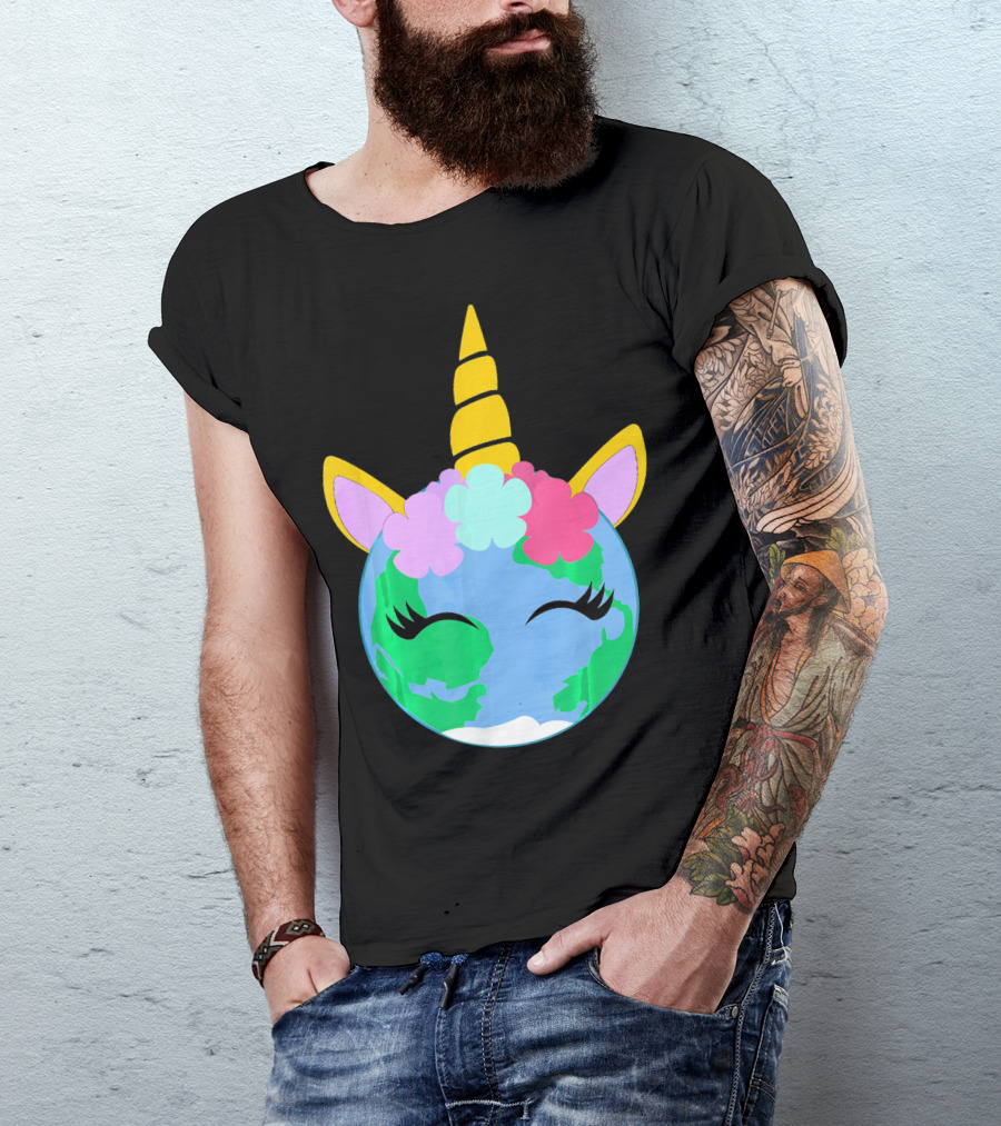 Unicorn Earth Cute Unicorn Face Earth With Flowers And Horn T-Shirt