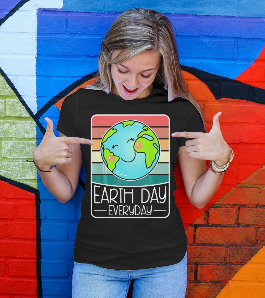 Earth Day Everyday Smiling Earth On Retro Stripes T-Shirt