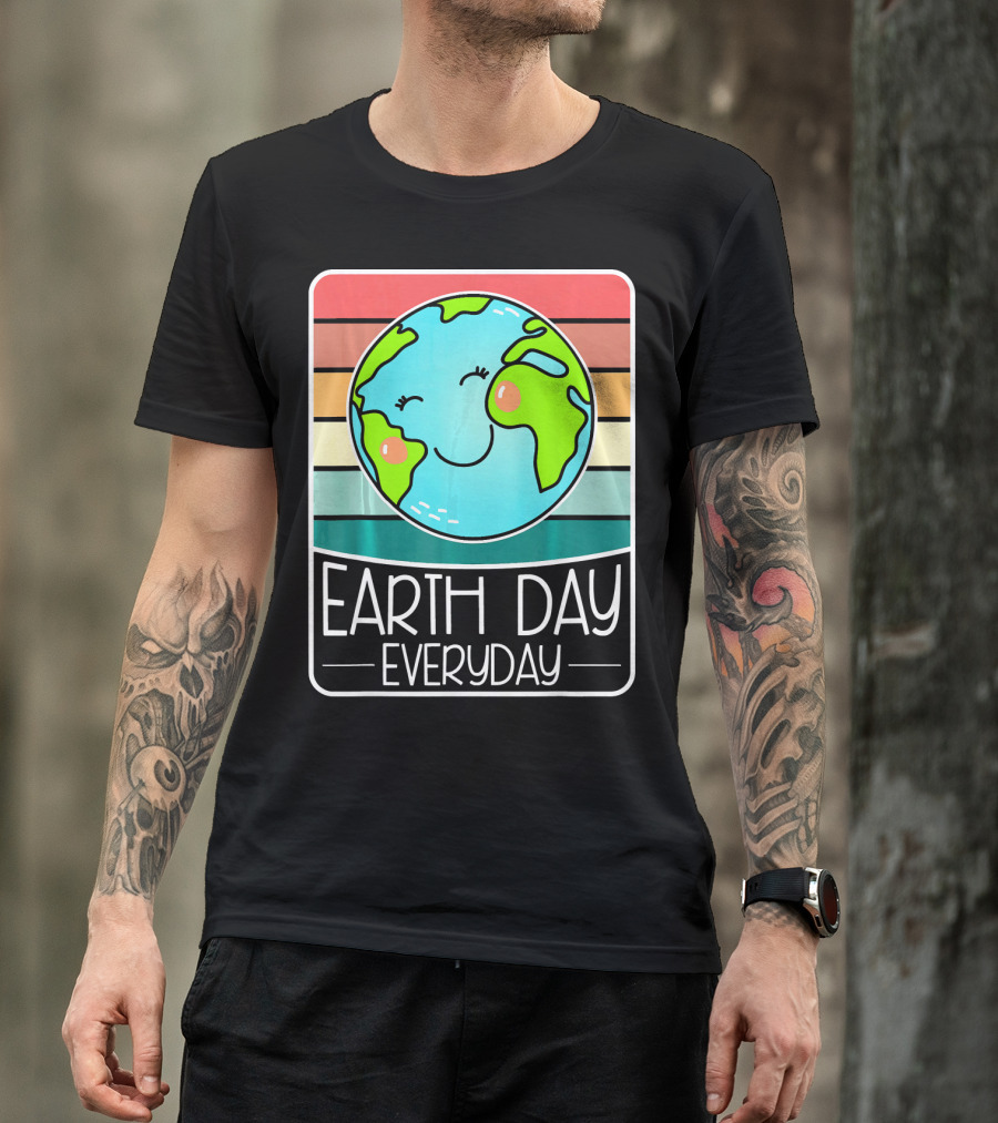 Earth Day Everyday Smiling Earth On Retro Stripes T-Shirt