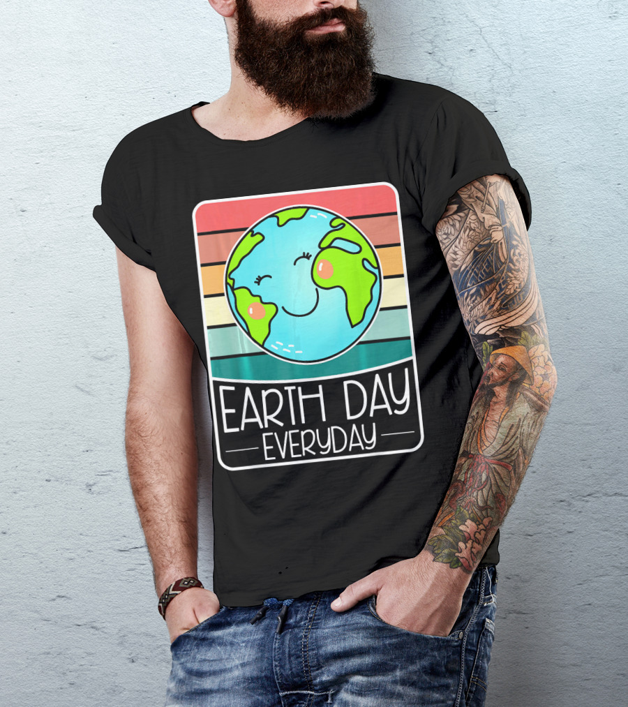 Earth Day Everyday Smiling Earth On Retro Stripes T-Shirt