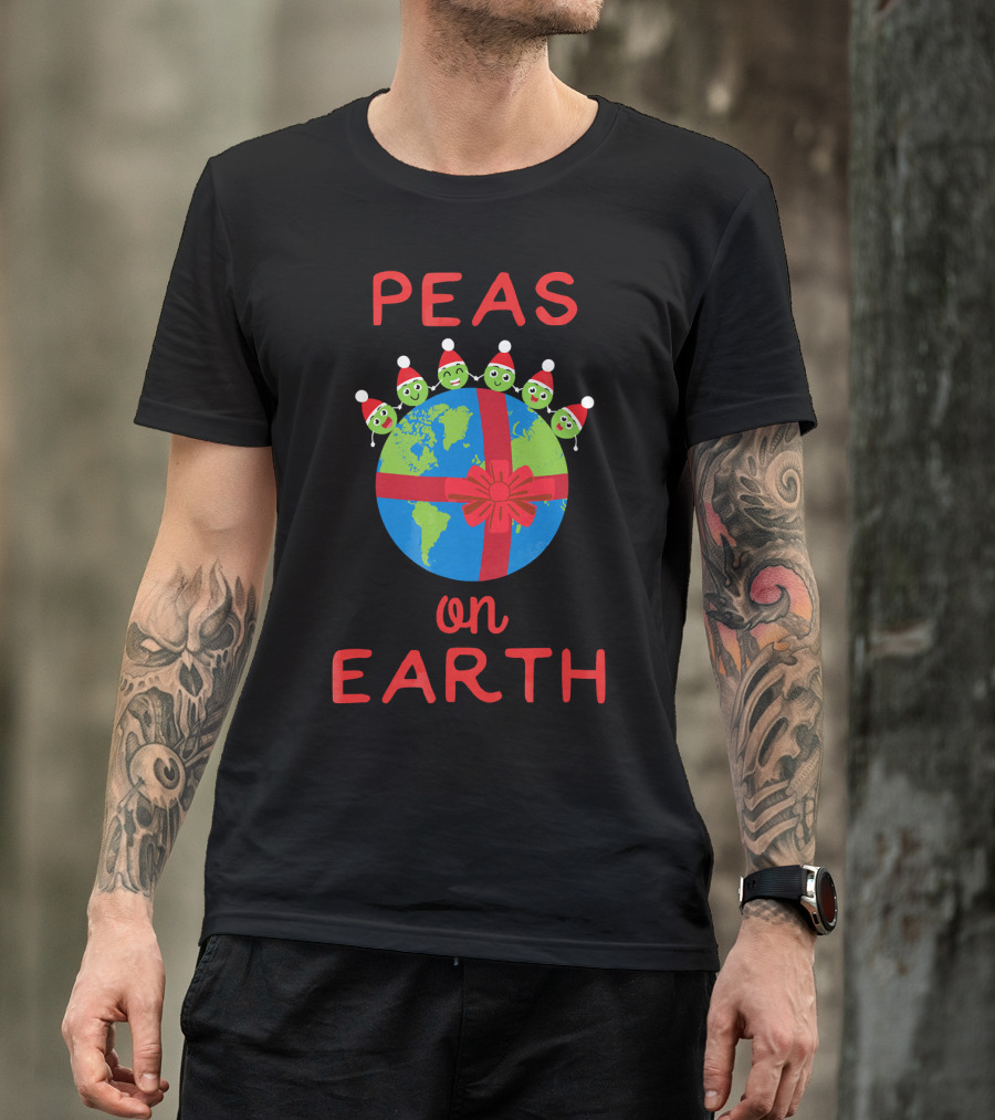 Peas On Earth World Peace Vegetables Santa Hat Planet Gift Bow T-Shirt