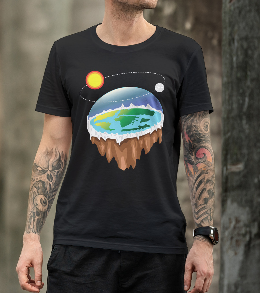 Flat Earth Ice Wall With Floating Sun And Moon Elements T-Shirt