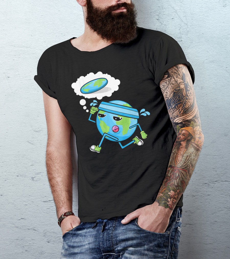Flat Earth Gym Runner Cartoon With Sweatband And Sneakers T-Shirt
