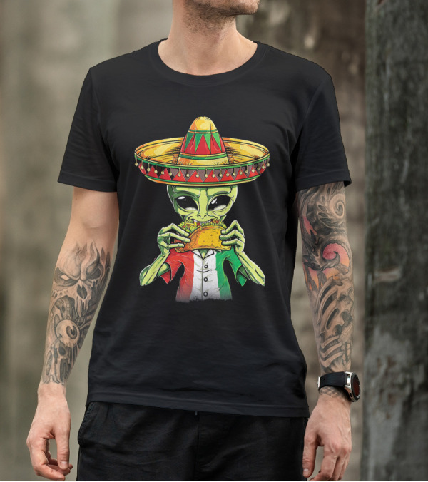 Cinco De Mayo Alien With Sombrero Eating Taco T-Shirt