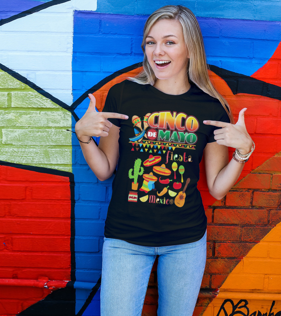 Cinco De Mayo Fiesta Mexico Cactus Sombrero Maracas Guitar Lime Chilli Peppers Icons T-Shirt