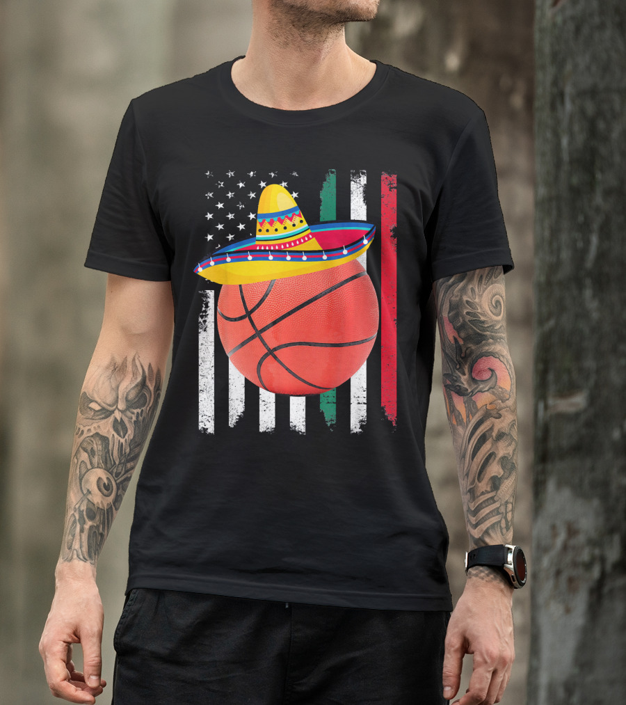 Cinco De Mayo Basketball Sombrero USA Mexico Flag T-Shirt