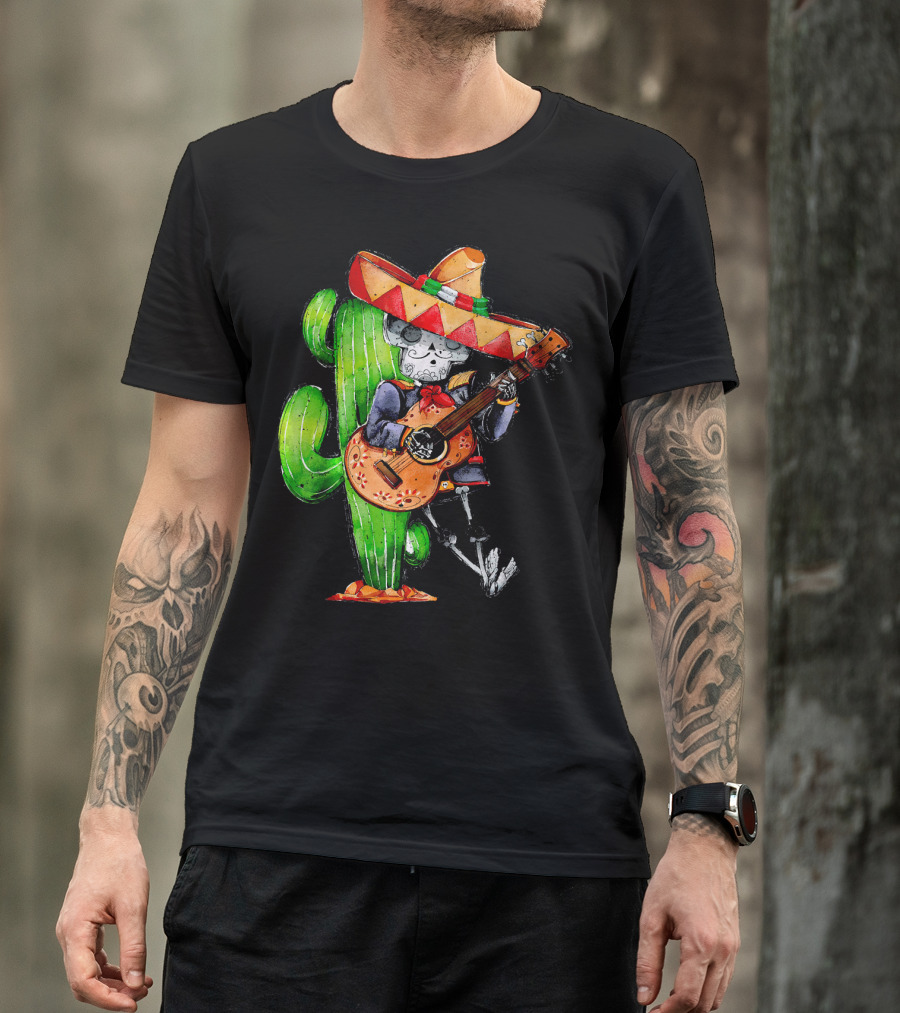 Mexican Independence Cinco De Mayo Mariachi Skeleton With Sombrero And Guitar T-Shirt