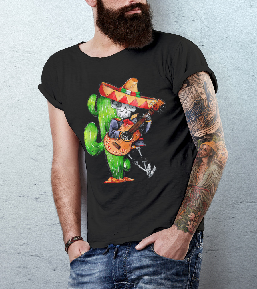 Mexican Independence Cinco De Mayo Mariachi Skeleton With Sombrero And Guitar T-Shirt
