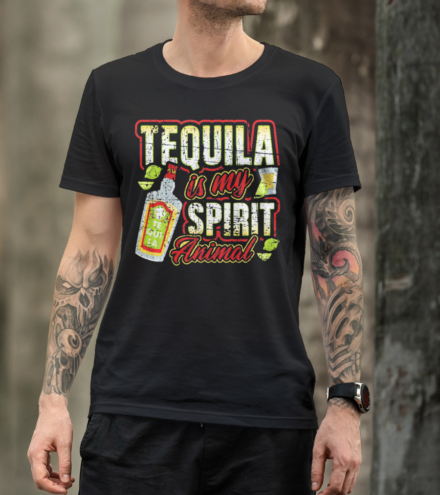 Tequila Is My Spirit Animal Tequila Bottle Lime And Glass T-Shirt