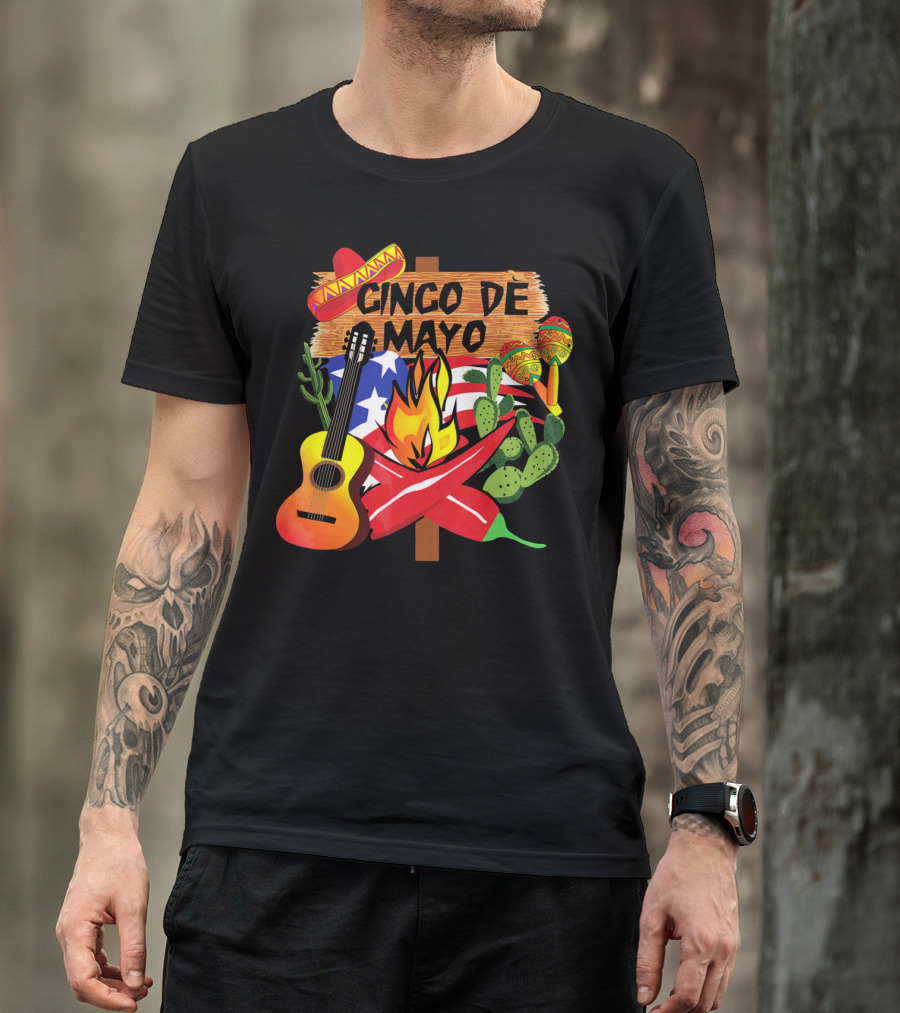 Cinco De Mayo America Loves Mexico With Sombrero Guitar Peppers Cactus And Maracas T-Shirt