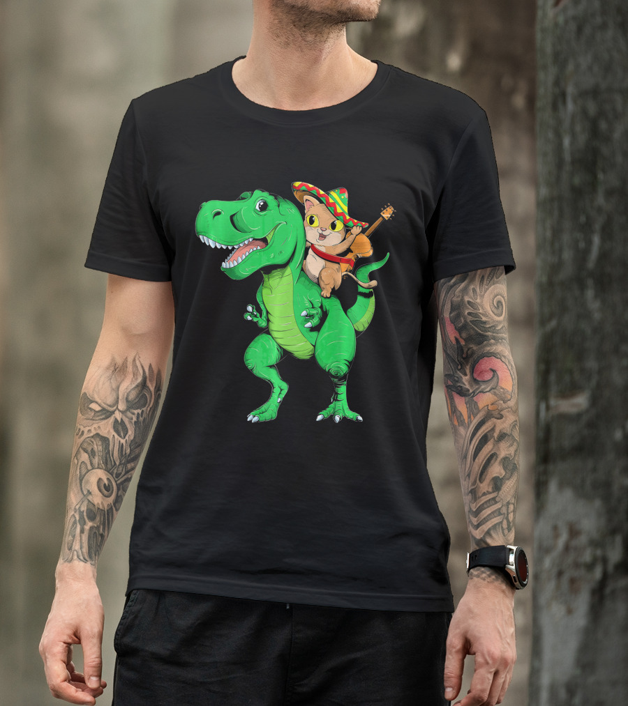 Cinco De Mayo Cat With Sombrero Riding T-Rex T-Shirt