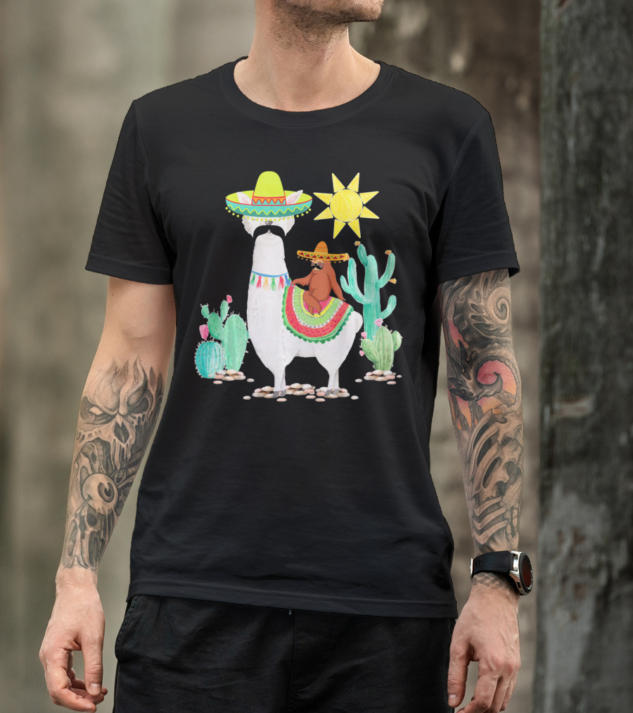 Funny Cinco De Mayo Sloth Riding Llama With Sombrero And Cactus Scene T-Shirt