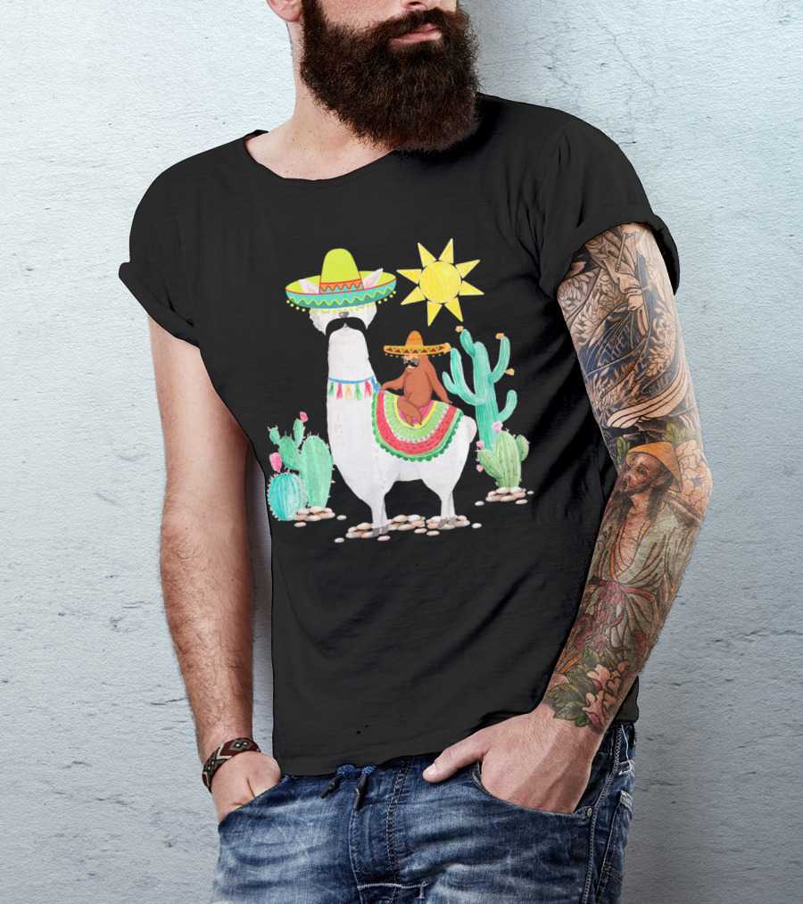 Funny Cinco De Mayo Sloth Riding Llama With Sombrero And Cactus Scene T-Shirt