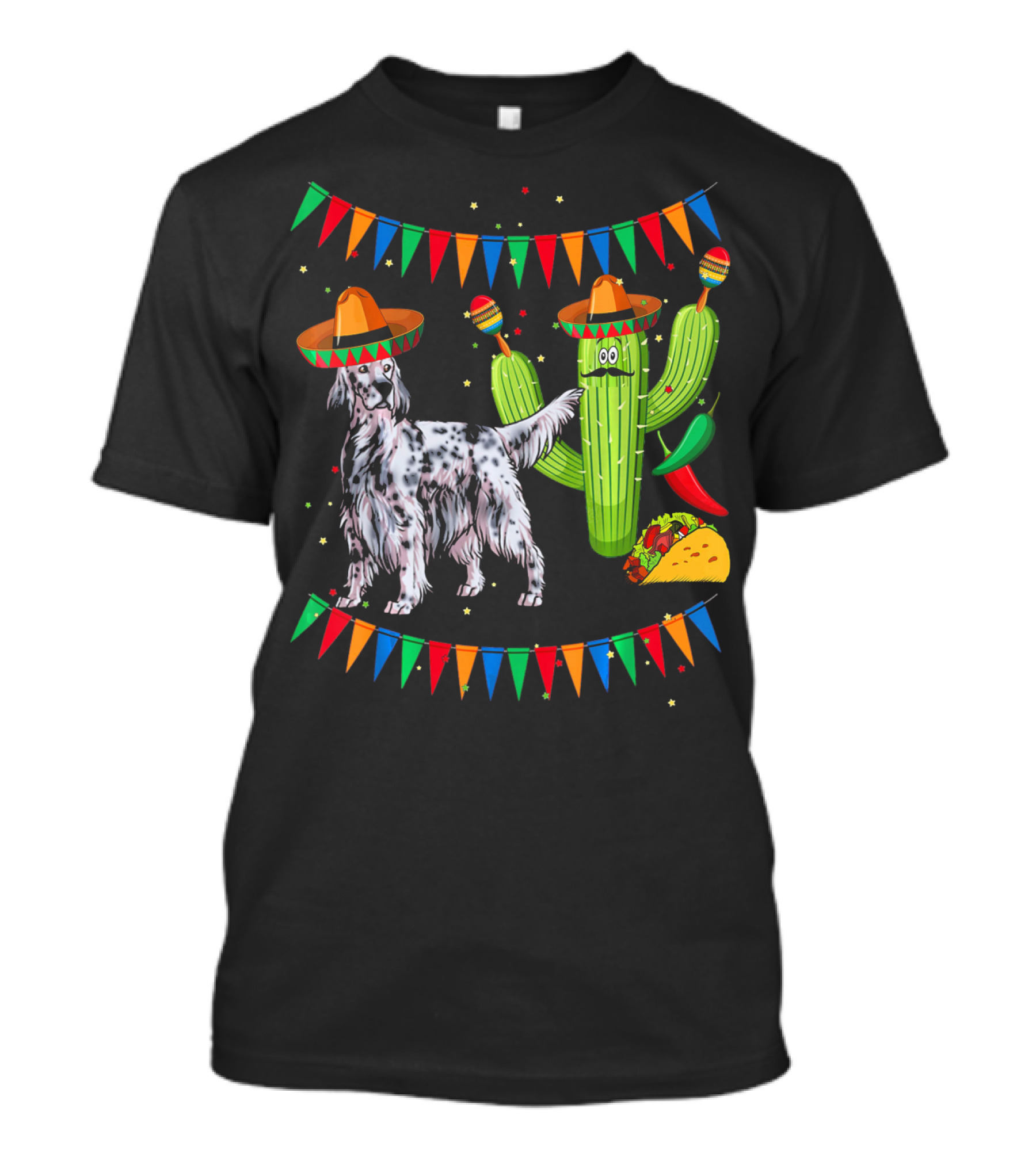 Sombrero-Wearing English Setter And Cactus Celebrating Mexico Cinco With Taco And Maracas T-Shirt