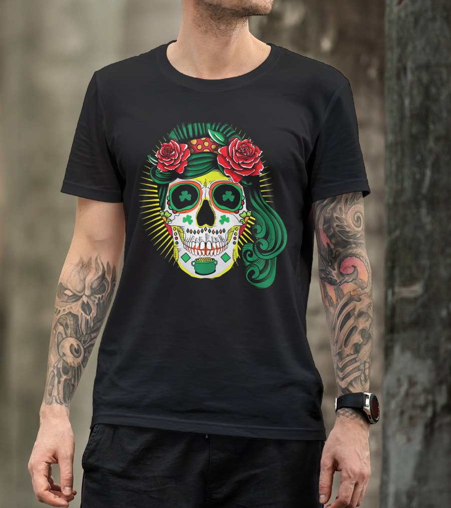 Cinco De Mayo St Patricks Day Shamrock Skull Roses T-Shirt