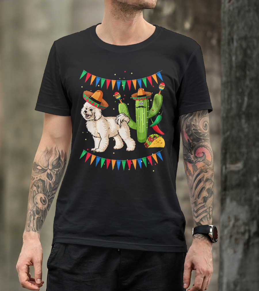 Sombrero Bichon Frise Dog And Cactus With Maracas Mexico Cinco Fiesta T-Shirt