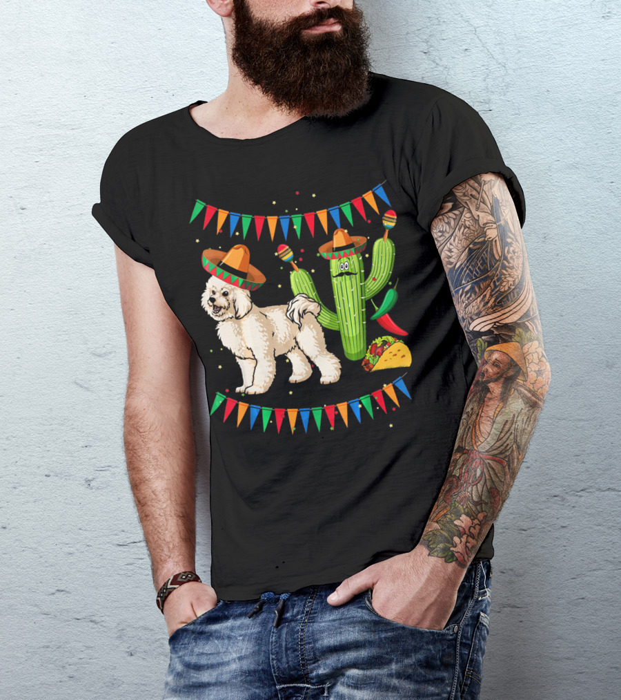 Sombrero Bichon Frise Dog And Cactus With Maracas Mexico Cinco Fiesta T-Shirt
