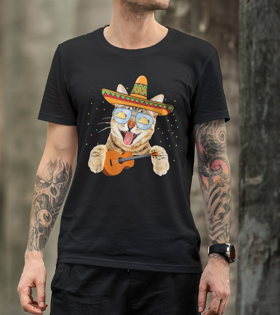Cinco De Mayo Cat With Sombrero And Guitar T-Shirt