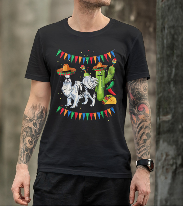 Sombrero Japanese Chin Dog With Cactus And Taco Celebration Mexico Cinco T-Shirt