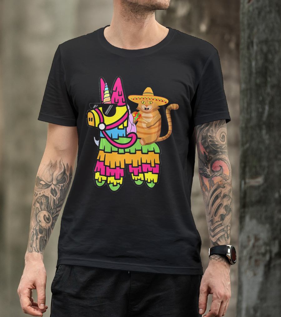 Cinco De Mayo Sombrero Cat On Colorful Pinata With Unicorn And Sunglasses T-Shirt