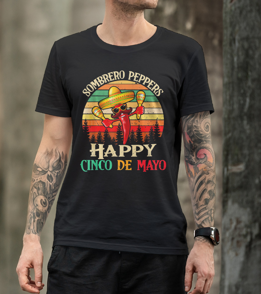 Sombrero Peppers Happy Cinco De Mayo Vintage Sunset T-Shirt