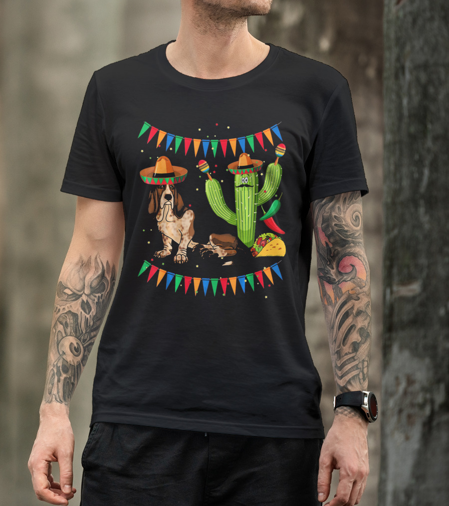 Sombrero Basset Hound Dog Mexico Cinco Cactus Taco Fiesta Decor T-Shirt