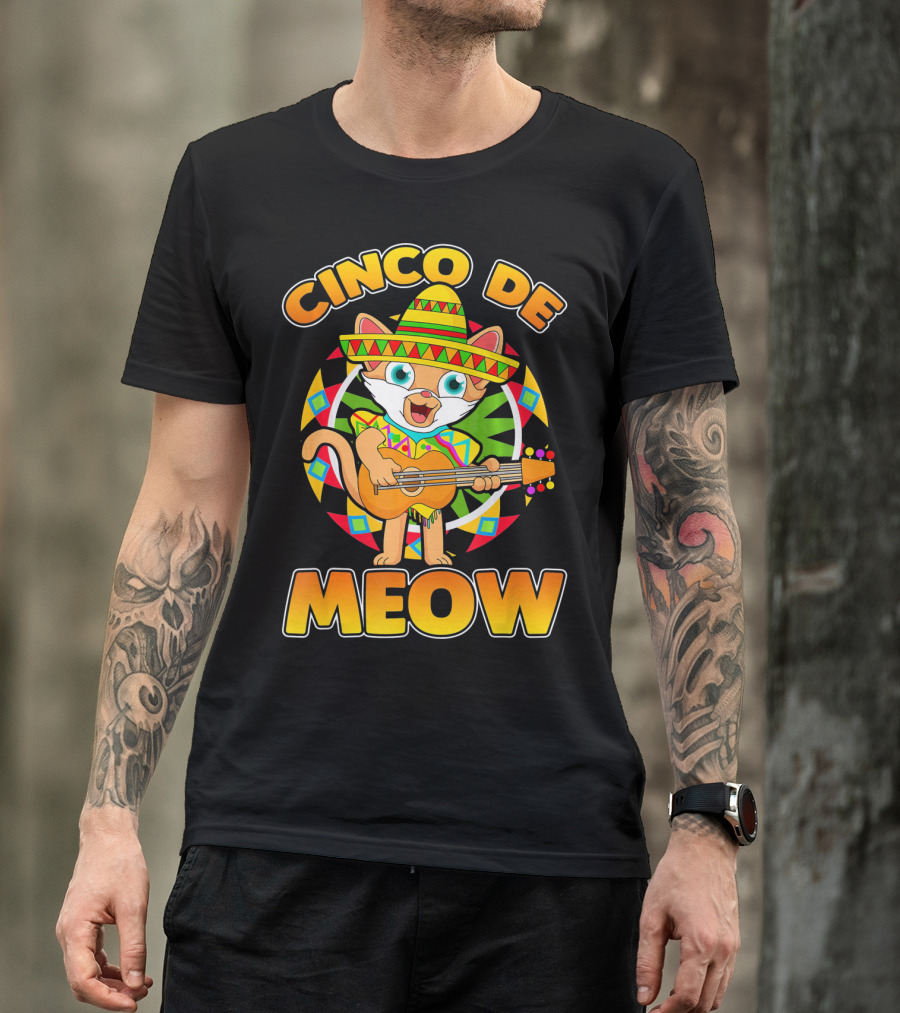Cinco De Meow Mexican Sombrero Cat Playing Guitar T-Shirt