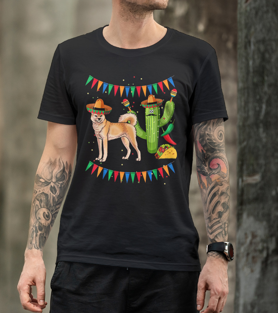 Sombrero Akita Dog Cactus Taco Maracas Mexico Cinco De Mayo T-Shirt
