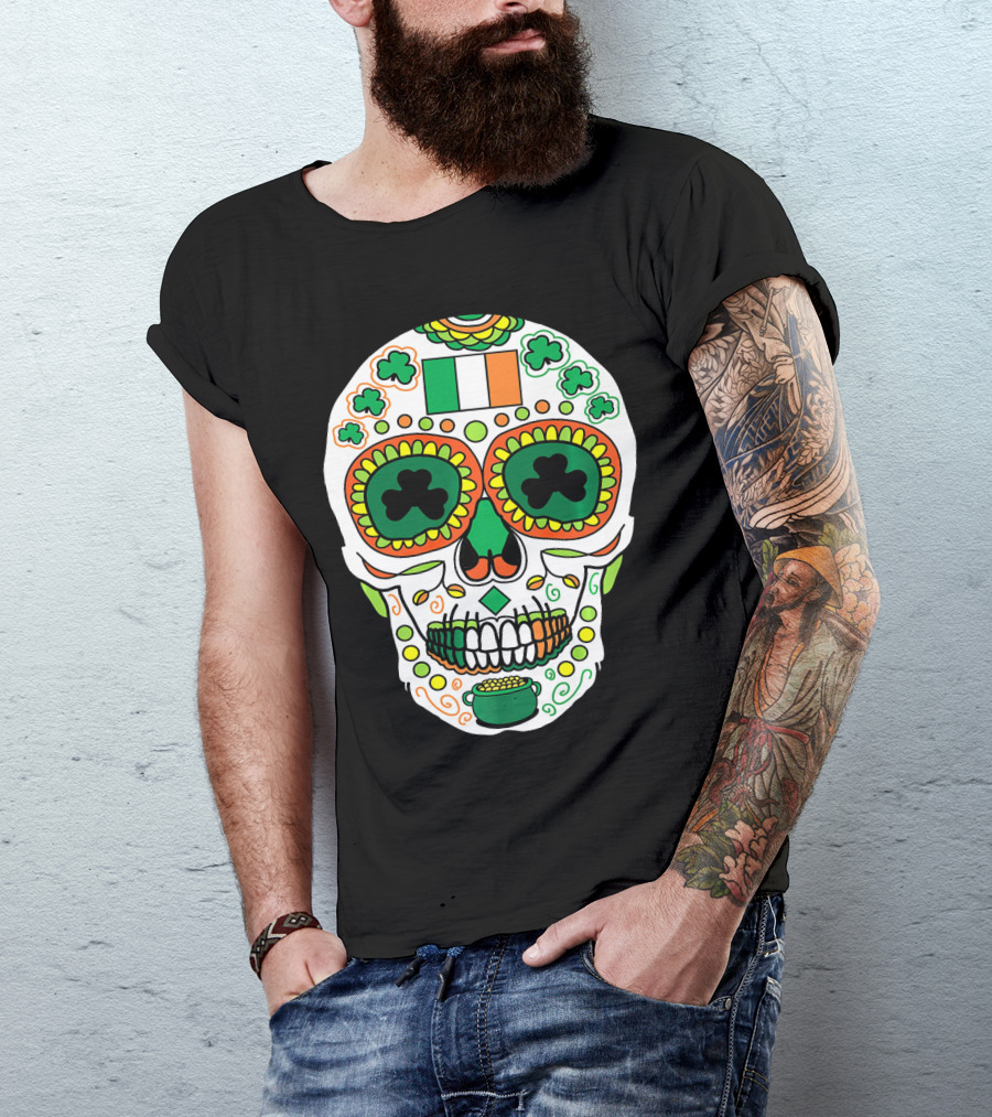 St Paddys Day Irish Flag Shamrock Sugar Skull Cinco De T-Shirt