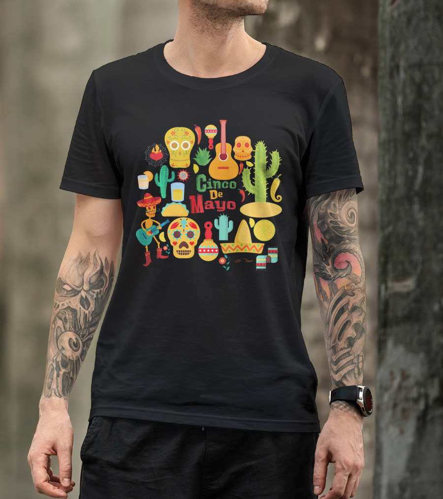Cinco De Mayo Cactus Skull Sombrero Guitar Festivity T-Shirt
