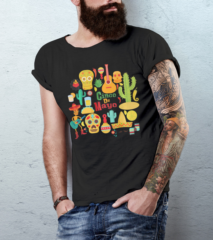Cinco De Mayo Cactus Skull Sombrero Guitar Festivity T-Shirt