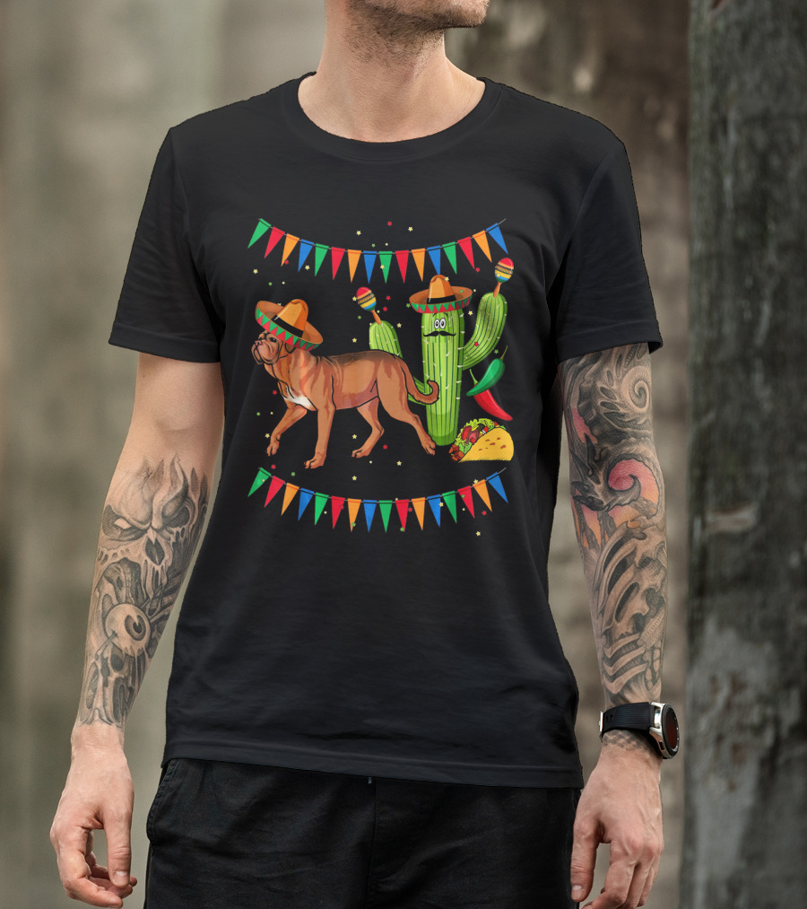 Sombrero Dogue De Bordeaux Dog Cactus Mexico Fiesta Flags Taco Peppers T-Shirt