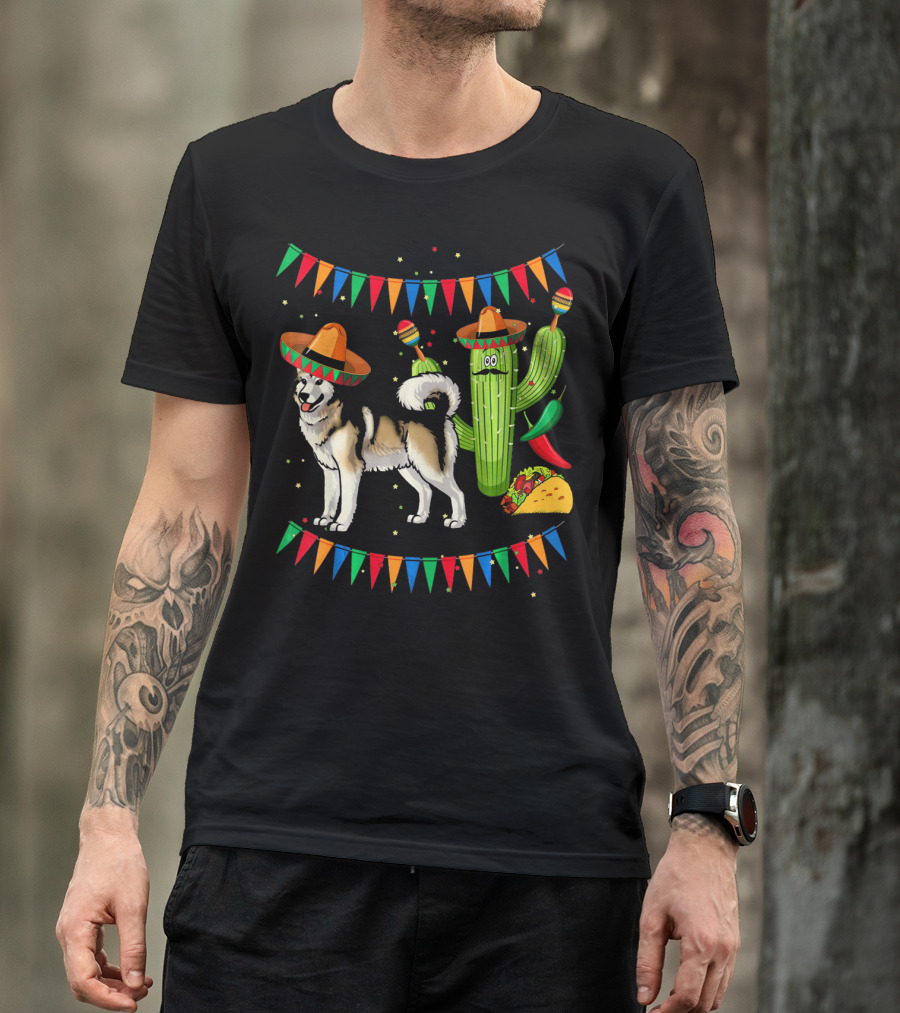 Sombrero Alaskan Malamute Dog With Cactus And Mexican Fiesta Elements T-Shirt