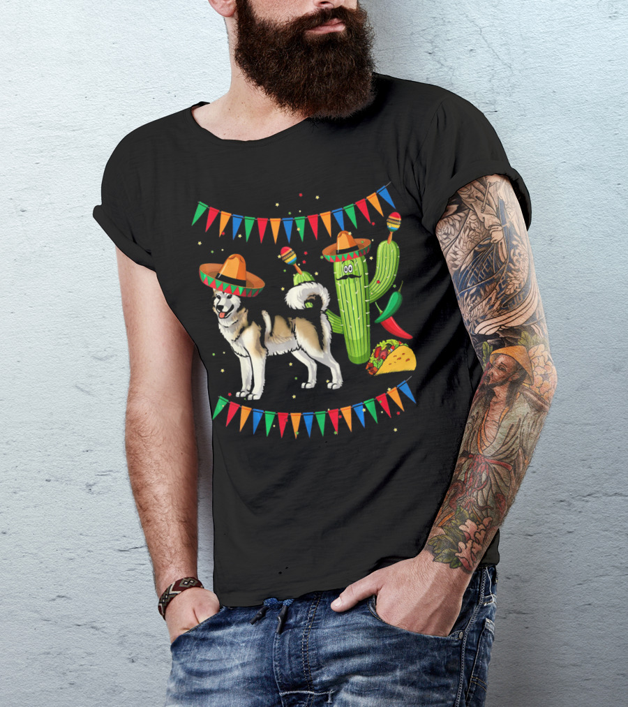 Sombrero Alaskan Malamute Dog With Cactus And Mexican Fiesta Elements T-Shirt