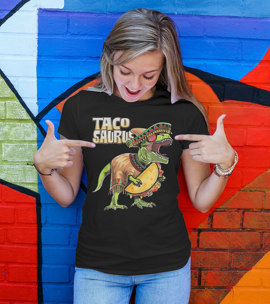 Tacosaurus Dinosaur Wearing Sombrero And Serape Holding Taco T-Shirt