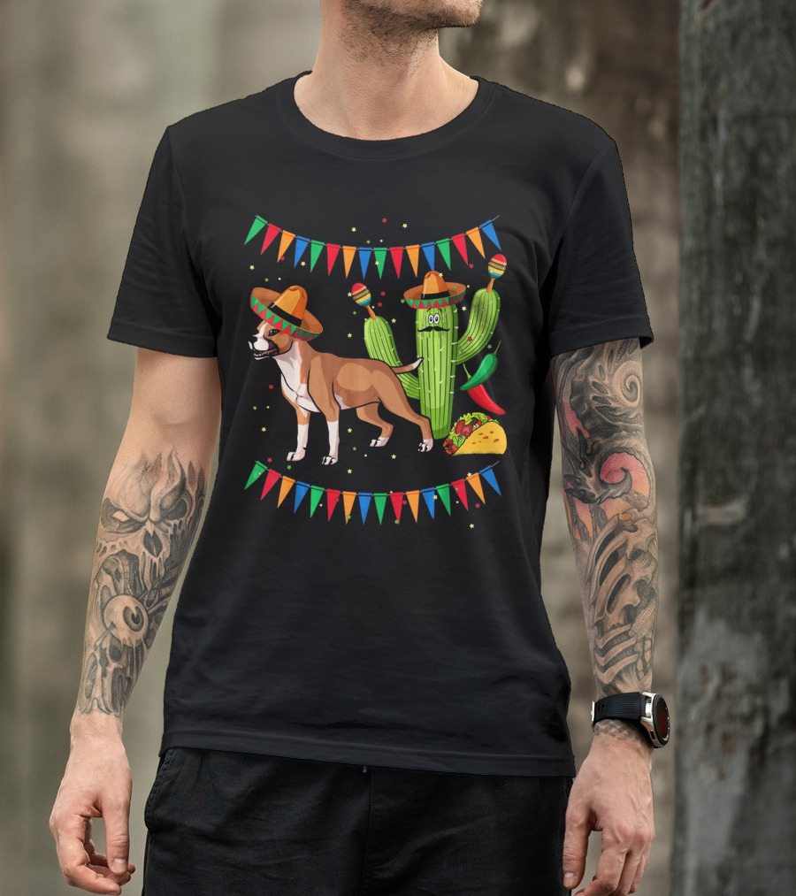 Cinco Sombrero Staffordshire Terrier Dog With Festive Cactus And Taco T-Shirt