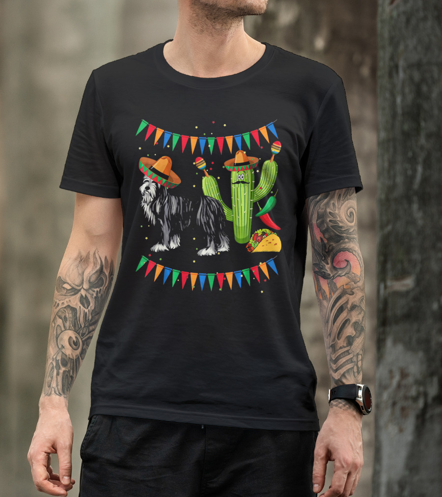Sombrero Bearded Collie Dog Cactus Fiesta Mexico Cinco De Mayo Flags Taco Maracas T-Shirt