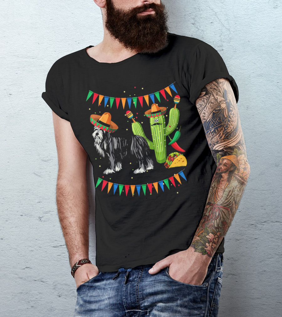 Sombrero Bearded Collie Dog Cactus Fiesta Mexico Cinco De Mayo Flags Taco Maracas T-Shirt