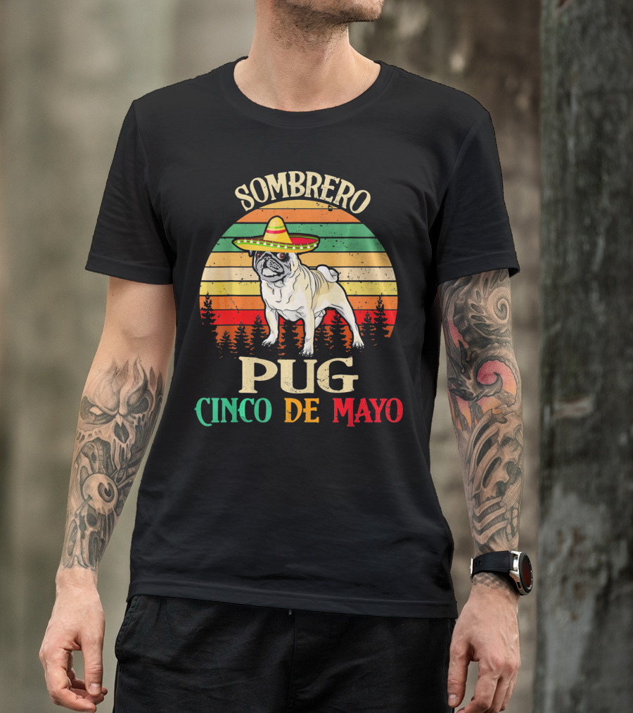 Sombrero Pug Cinco De Mayo Retro Stripes T-Shirt