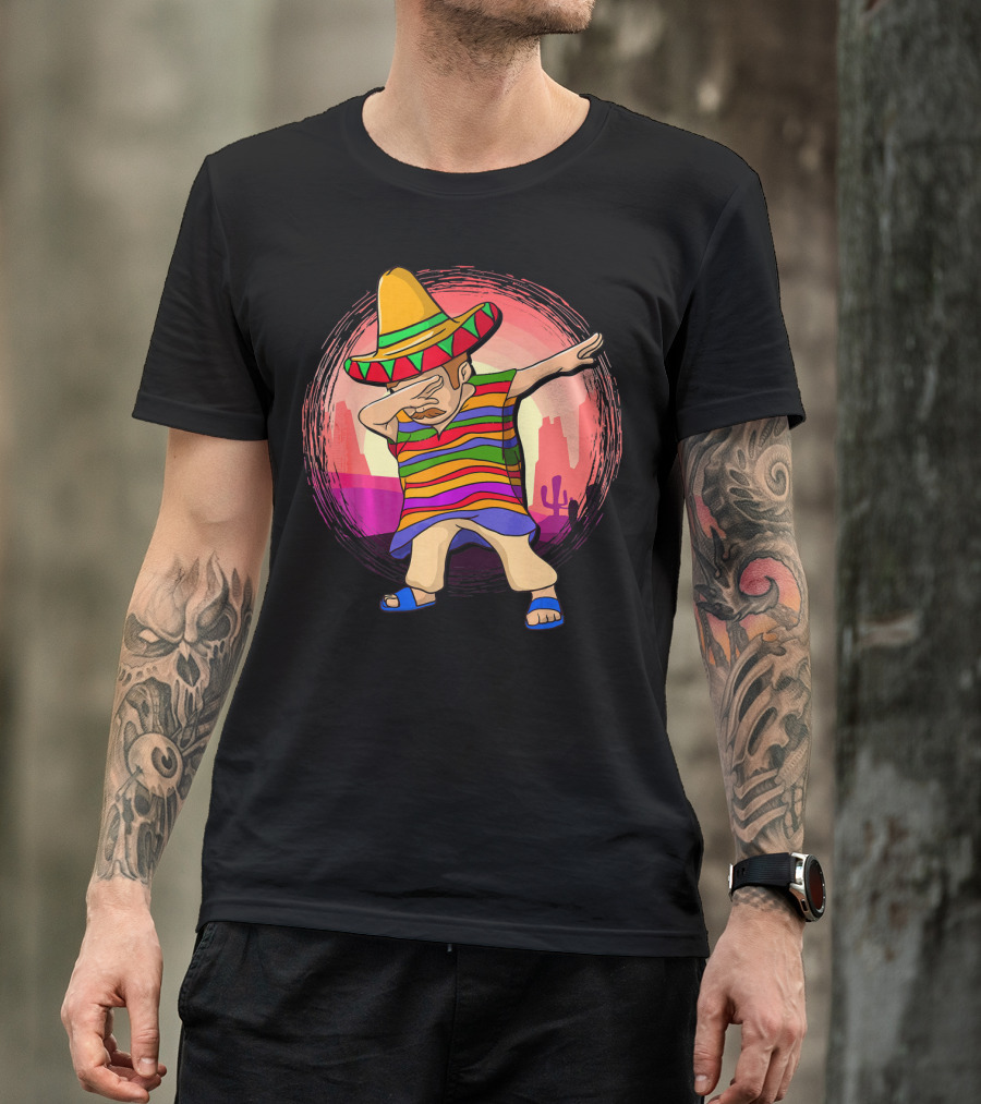 Mexican Poncho Sombrero Dabbing Sunset Cactus Background T-Shirt